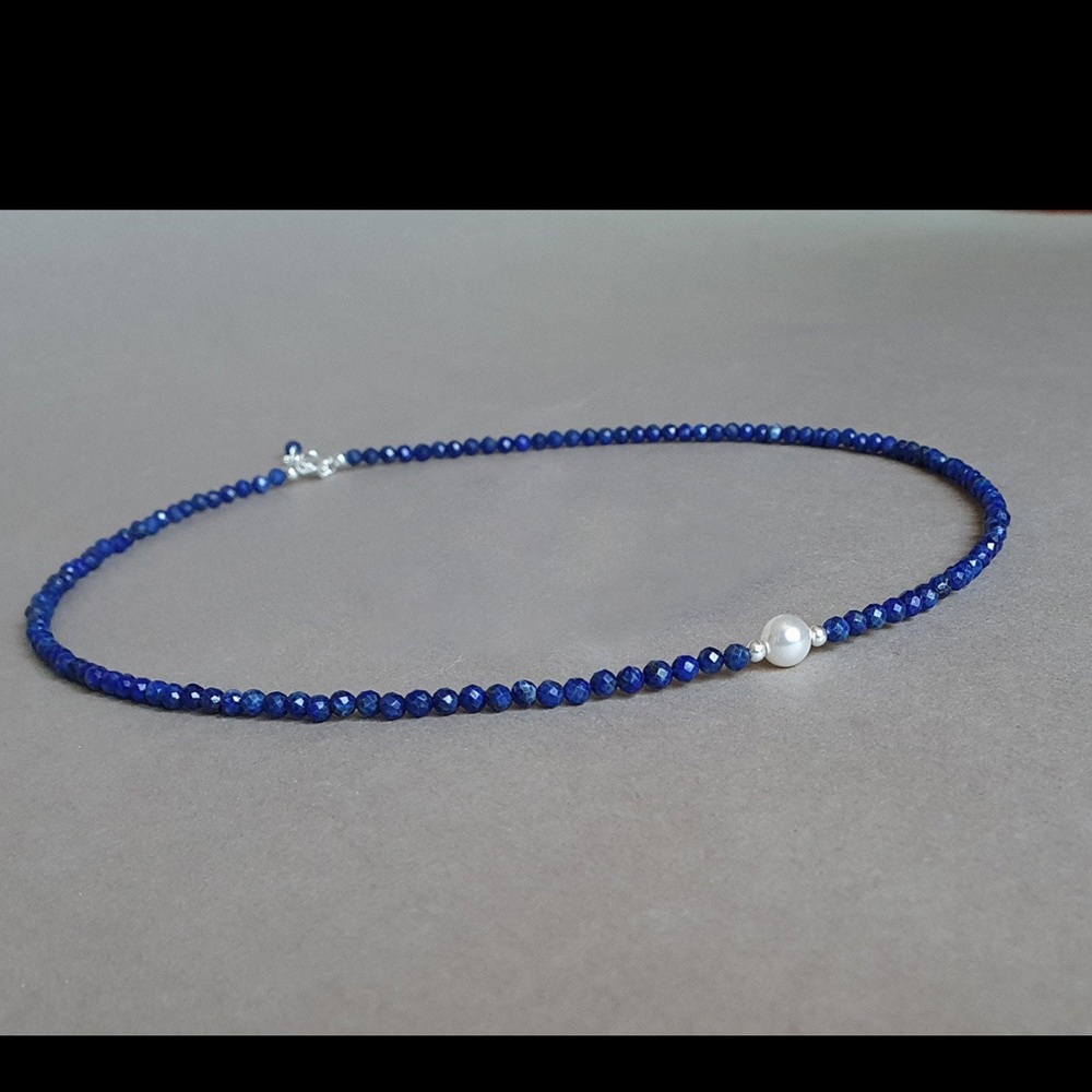 Lapis lazuli and Pearl Necklace beaded choker blue gemstone handmade jewelry